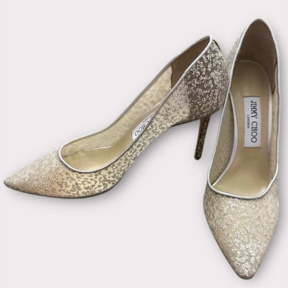 Jimmy Choo London Glitter Heels Pumps Sparkle Champagne Silver Metallic sz 34.5